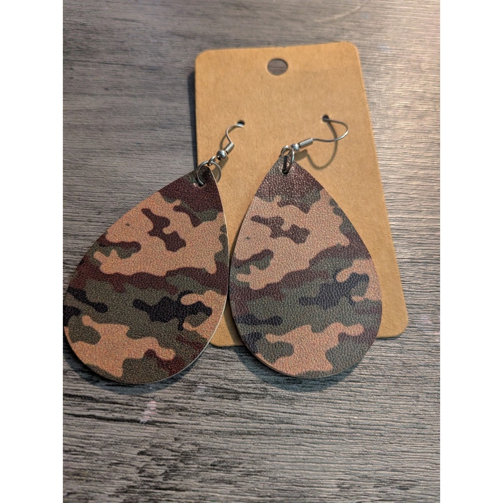 Handmade Camo Faux Leather Teardrop Earrings Green Brown Camouflage Dangle